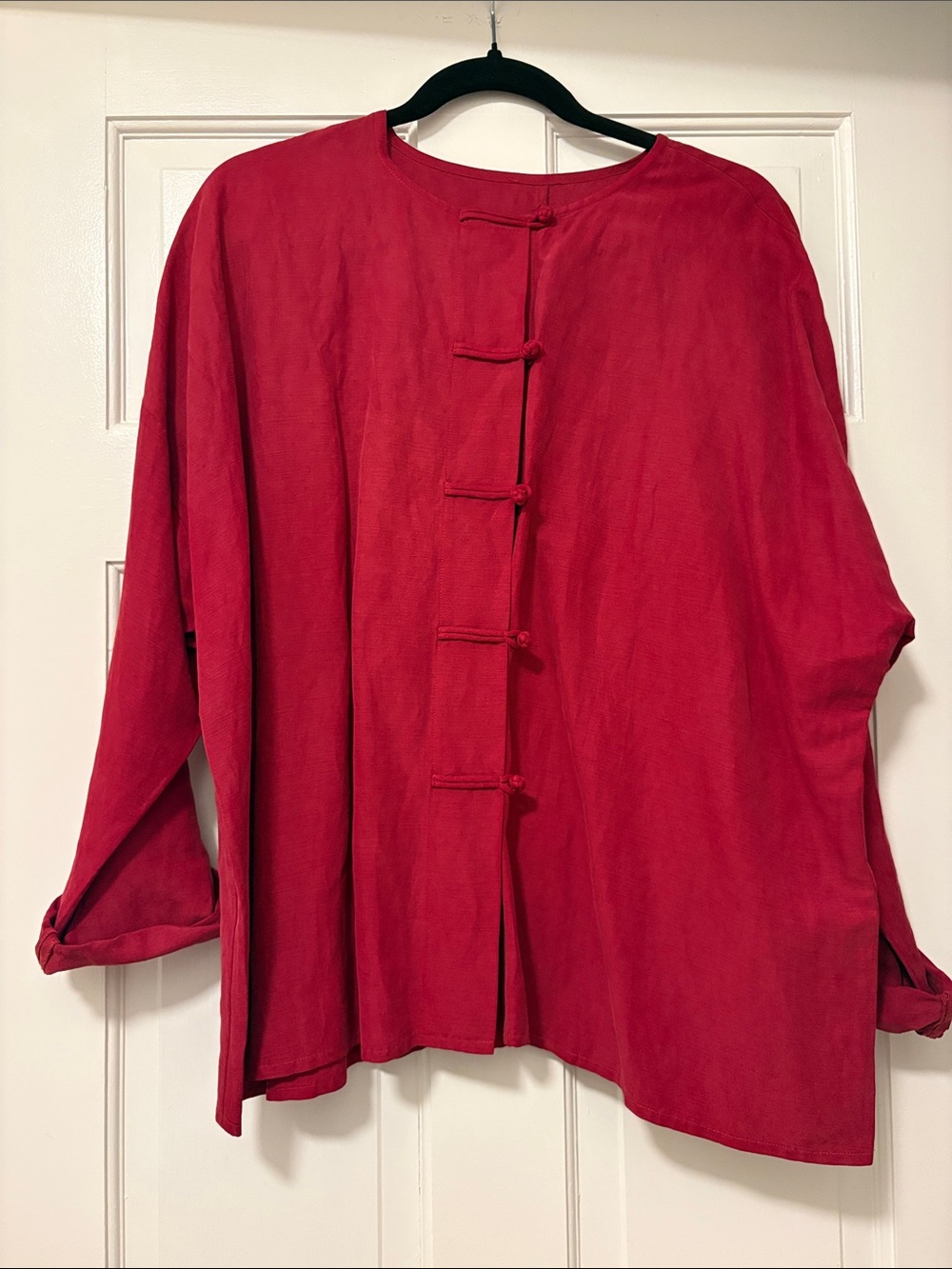 Eileen Fisher Silk Red Women's Mandarin-Style Button Front Top